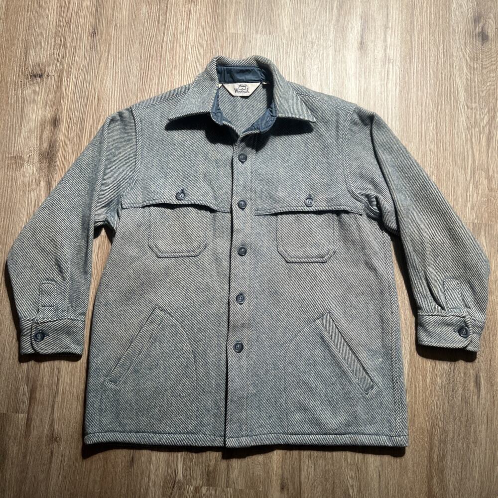 Vintage Woolrich Mackinaw Shirt Jacket Mens L Blue Herringbone Whipcord 1970s